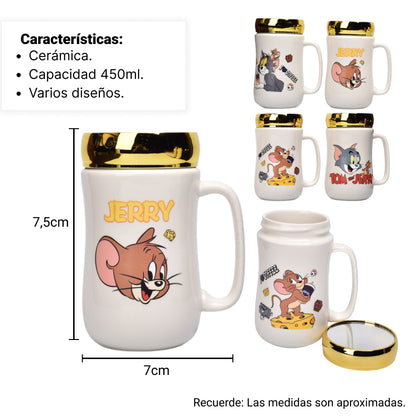 POCILLO CERAMICA DISEÑO TOM Y JERRY CON TAPA 450ML DIM:7X14