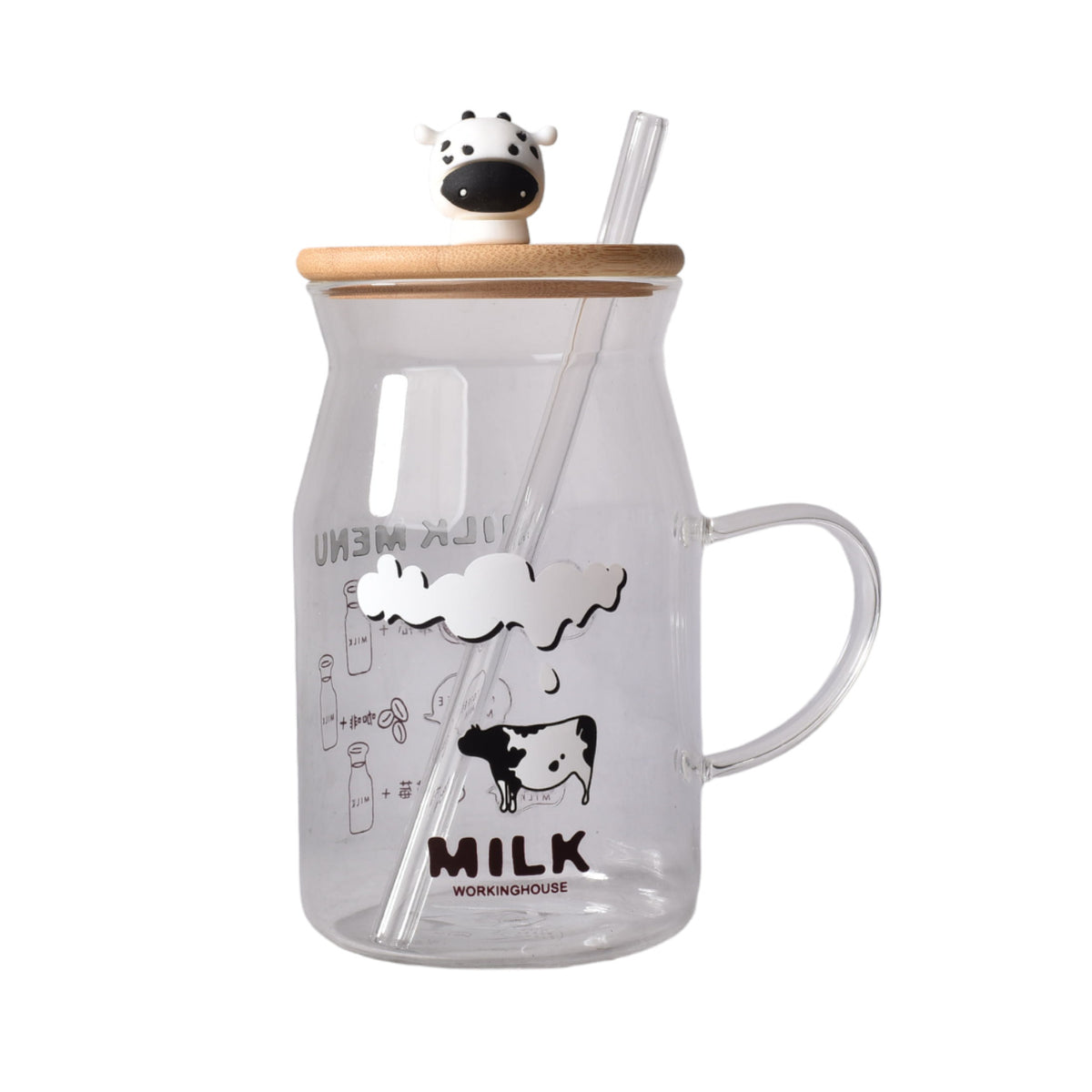 pocillo vidrio con tapa de madera y pitillo diseños de vacas