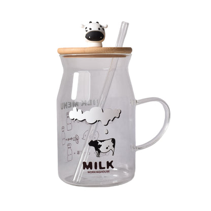 POCILLO VIDRIO CON TAPA DE MADERA Y PITILLO DISEÑOS DE VACAS