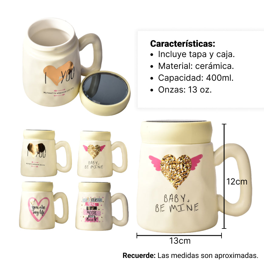 mug pocillo ceramica diferentes diseños con tapa de 350ml