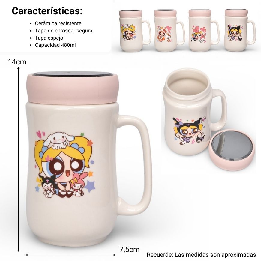 mug pocillo con tapa ceramica personaje 480ml dim:7x7x14