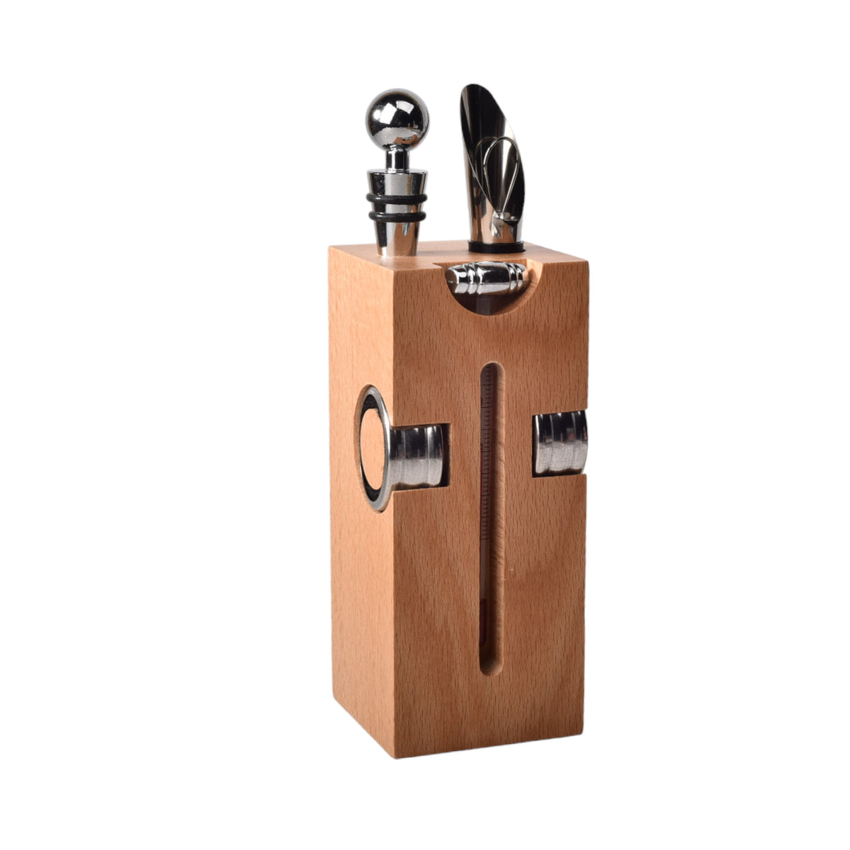 kit descorchador de vino acero inoxidable con base de madera