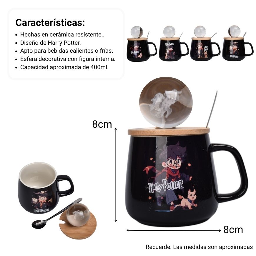 mug pocillo de ceramica personaje con tapa de madera y esfera 400ml