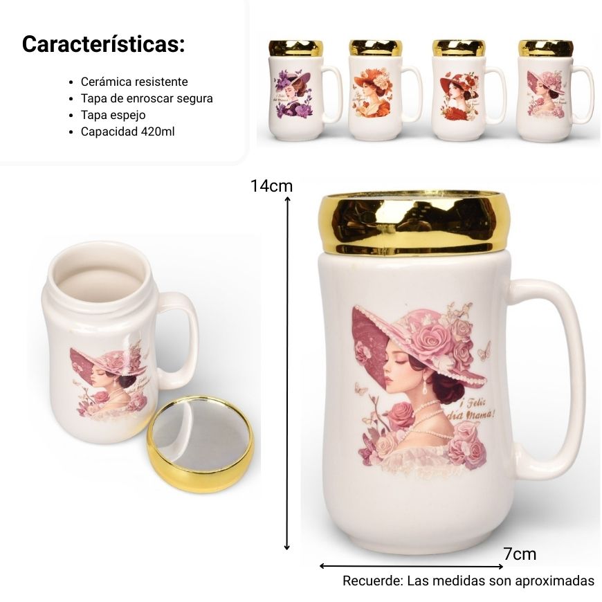 mug pocillo ceramica tapa espejo 420ml dim:6x6x13