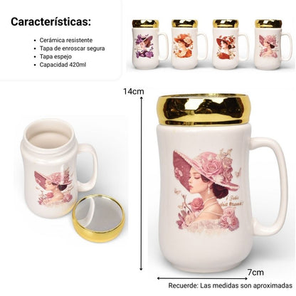 MUG POCILLO CERAMICA TAPA ESPEJO 420ML DIM:6X6X13