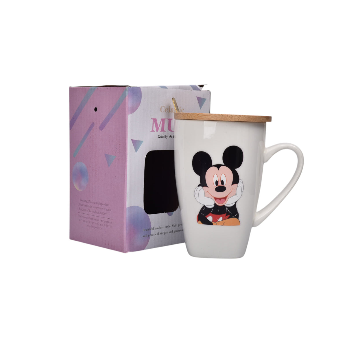 mug pocillo ceramica personaje con tapa de madera 380ml