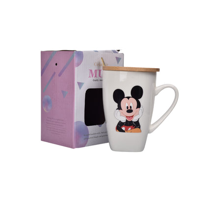 MUG POCILLO CERAMICA PERSONAJE CON TAPA DE MADERA 380ML