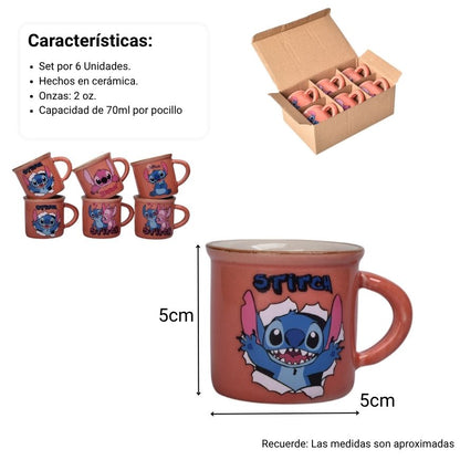 POCILLO SET X 6 PZAS CERAMICA PERSONAJES 70ML DIM:5X5