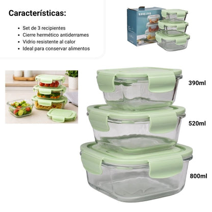 PORTACOMIDA SET 3PCS VIDRIO Y PLASTICO 390,520,800ML