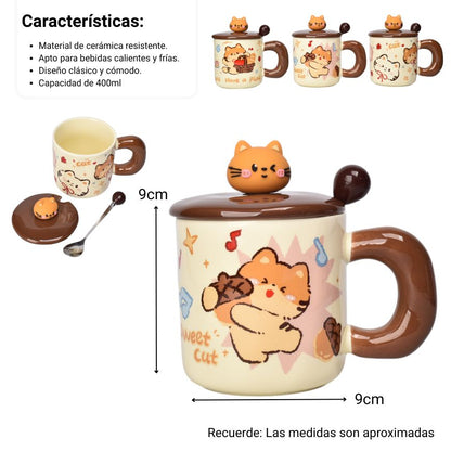 MUG POCILLO CERAMICA CON CUCHARA DISEÑO GATOS 400ML DIM:9X9X12