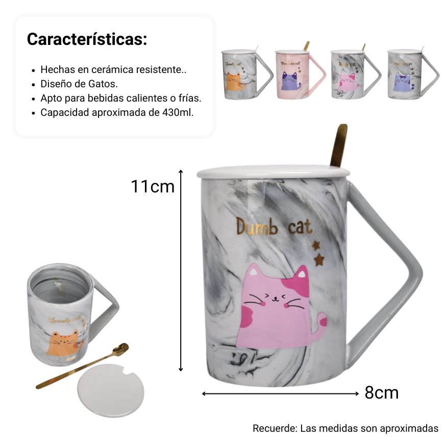 mug pocillo con tapa y  cuchara de ceramica diseño gatos 430ml dim:8x8x11
