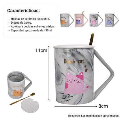 MUG POCILLO CON TAPA Y  CUCHARA DE CERAMICA DISEÑO GATOS 430ML DIM:8X8X11