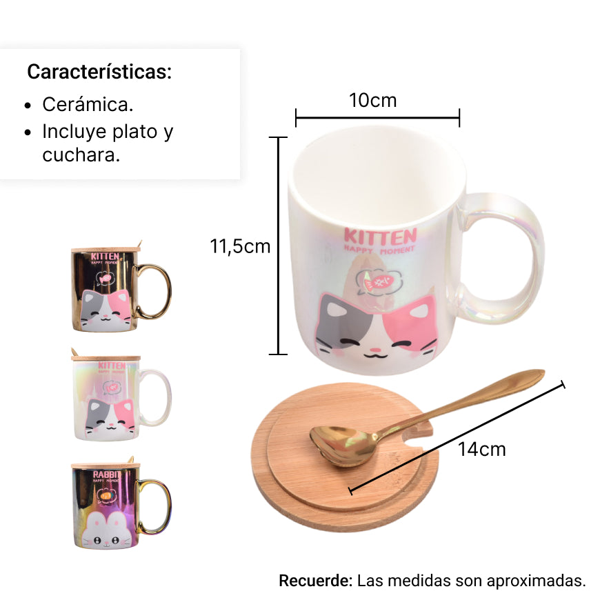 mug pocillo tornasol ceramica con tapa y cuchara