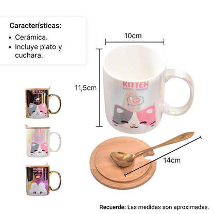 MUG POCILLO TORNASOL CERAMICA CON TAPA Y CUCHARA