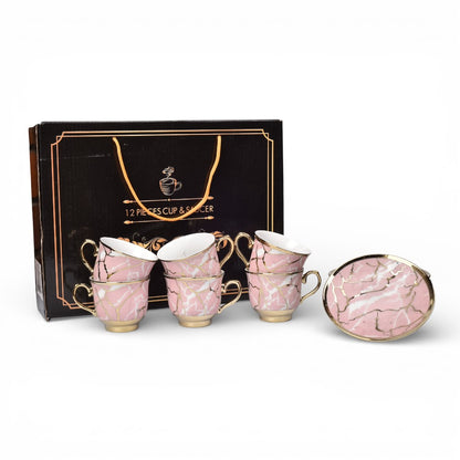 SET 6PCS POCILLO CERMICA CON PLATO VERDE ROSADO 90ML DIM:6X6X5