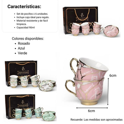 SET 6PCS POCILLO CERMICA CON PLATO VERDE ROSADO 90ML DIM:6X6X5