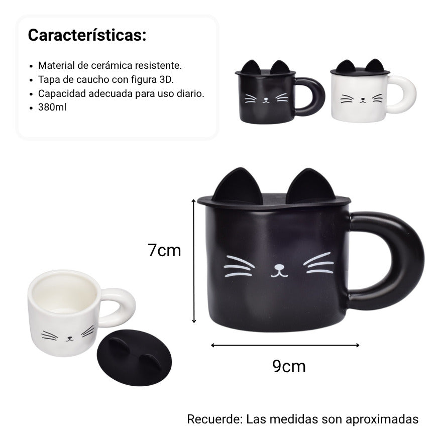 mug pocillo ceramica diseños de gato con tapa dim:9x9x7