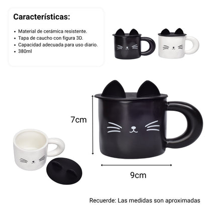 MUG POCILLO CERAMICA DISEÑOS DE GATO CON TAPA DIM:9X9X7