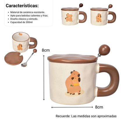 MUG POCILLO CERAMICA CON CUCHARA DISEÑO CAPYBARA 300ML DIM:8X8X9