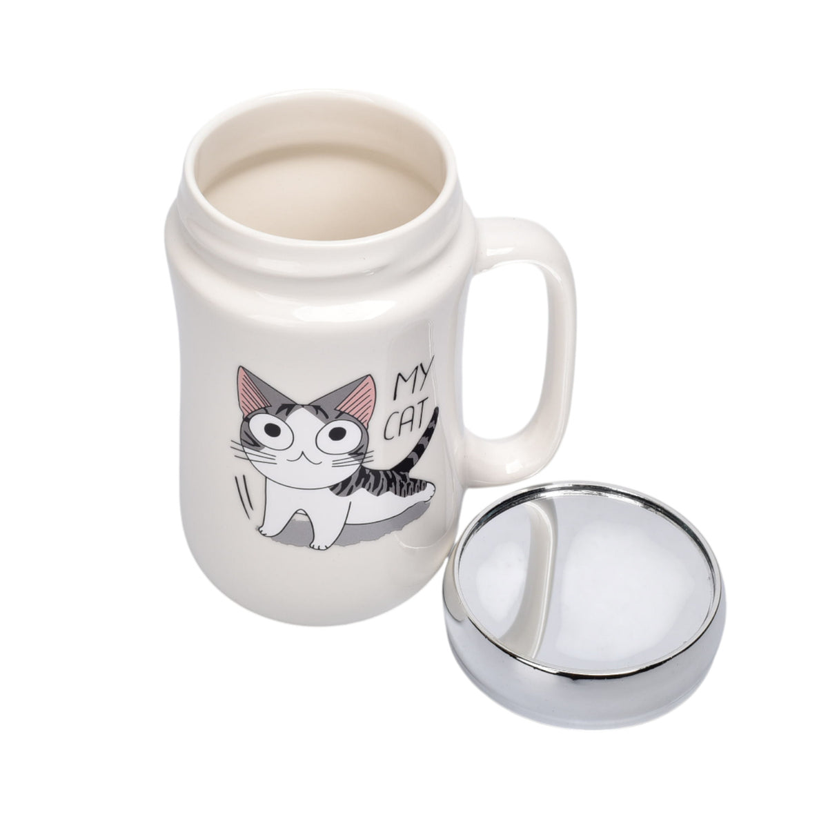 pocillo ceramica diseño gato con tapa 450ml dim:7x14