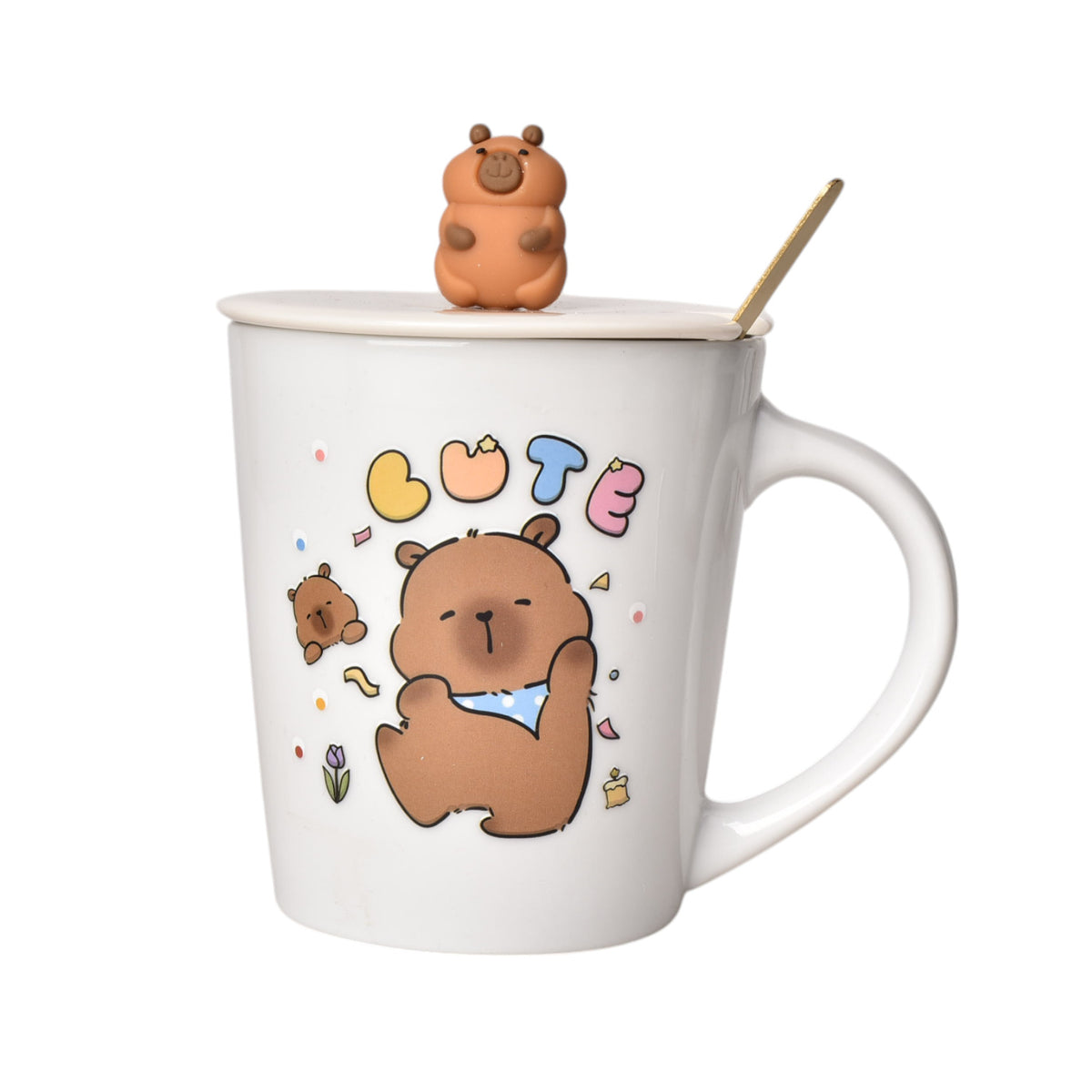 mug pocillo con tapa cuchara ceramica diseños capybara 450ml