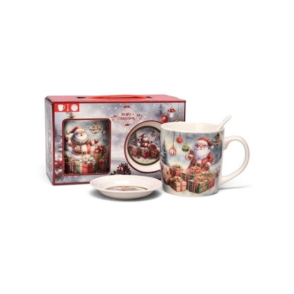 SET 3PCS MUG POCILLO PLATO CERAMICA NAVIDEÑO 350ML