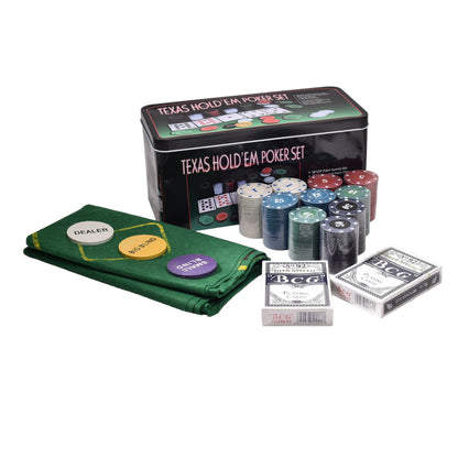 JUEGO DE POKER CON FICHAS, TAPETA Y CAJA DE METAL