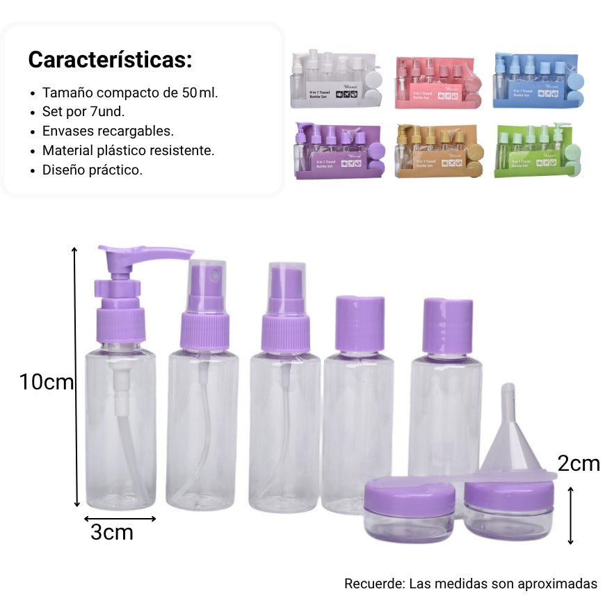 kit 9 envases recargables viajero plastico 50ml dim:22x16x4