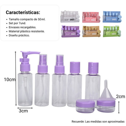 KIT 9 ENVASES RECARGABLES VIAJERO PLASTICO 50ML DIM:22X16X4