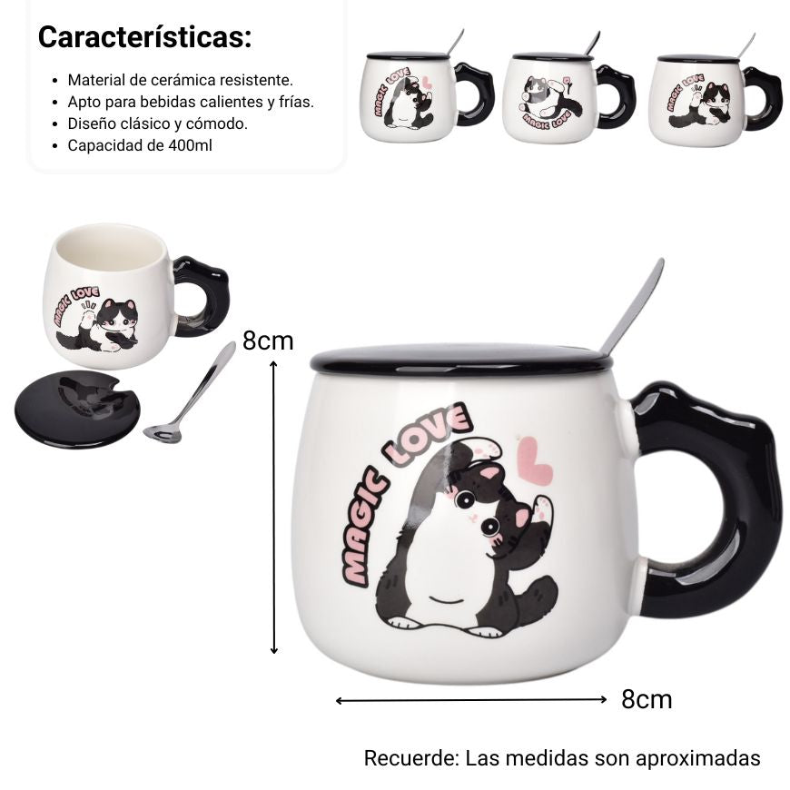 mug pocillo ceramica con cuchara diseño gatos 400ml dim:8x8x8