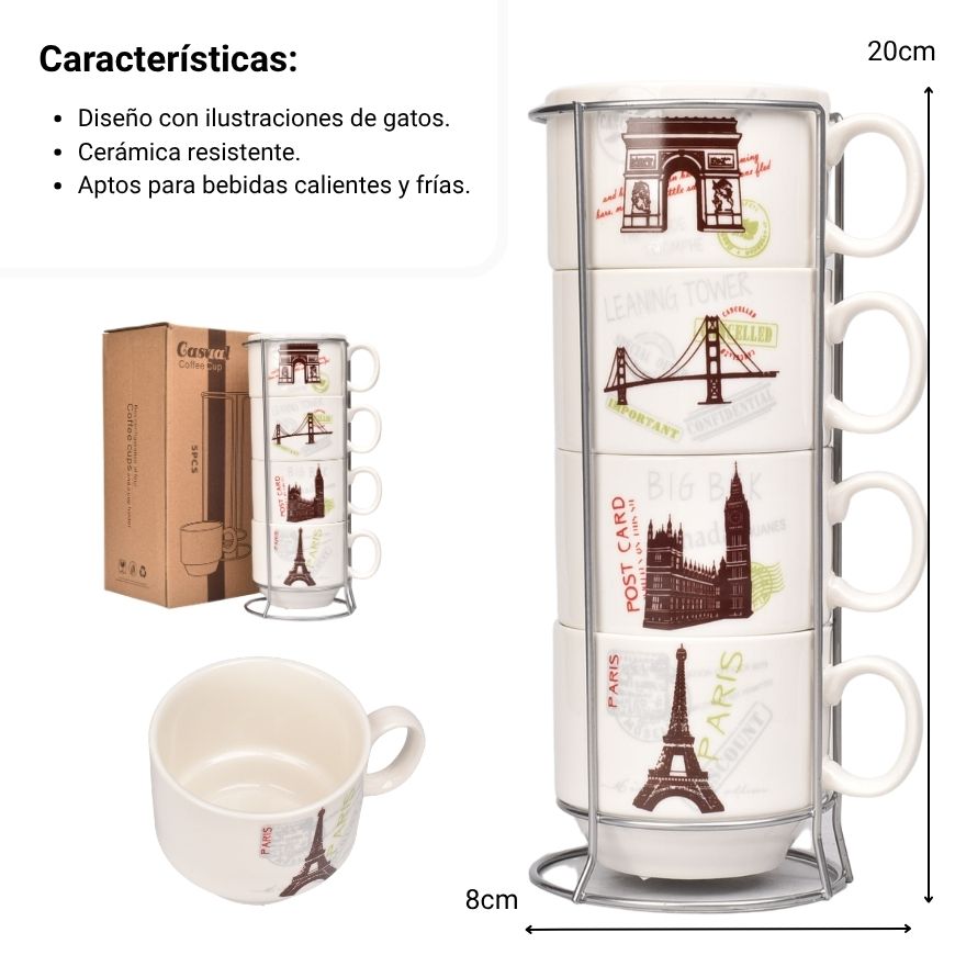 pocillo set 4pcs ceramica con base dim:20x8cm