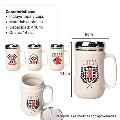 MUG POCILLO CERAMICA CON TAPA DIFERENTES DISEÑOS 440ML DIM:8