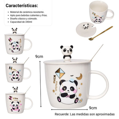 MUG POCILLO CON TAPA CERAMICA Y CUCHARA 340ML DIM:9X9X9