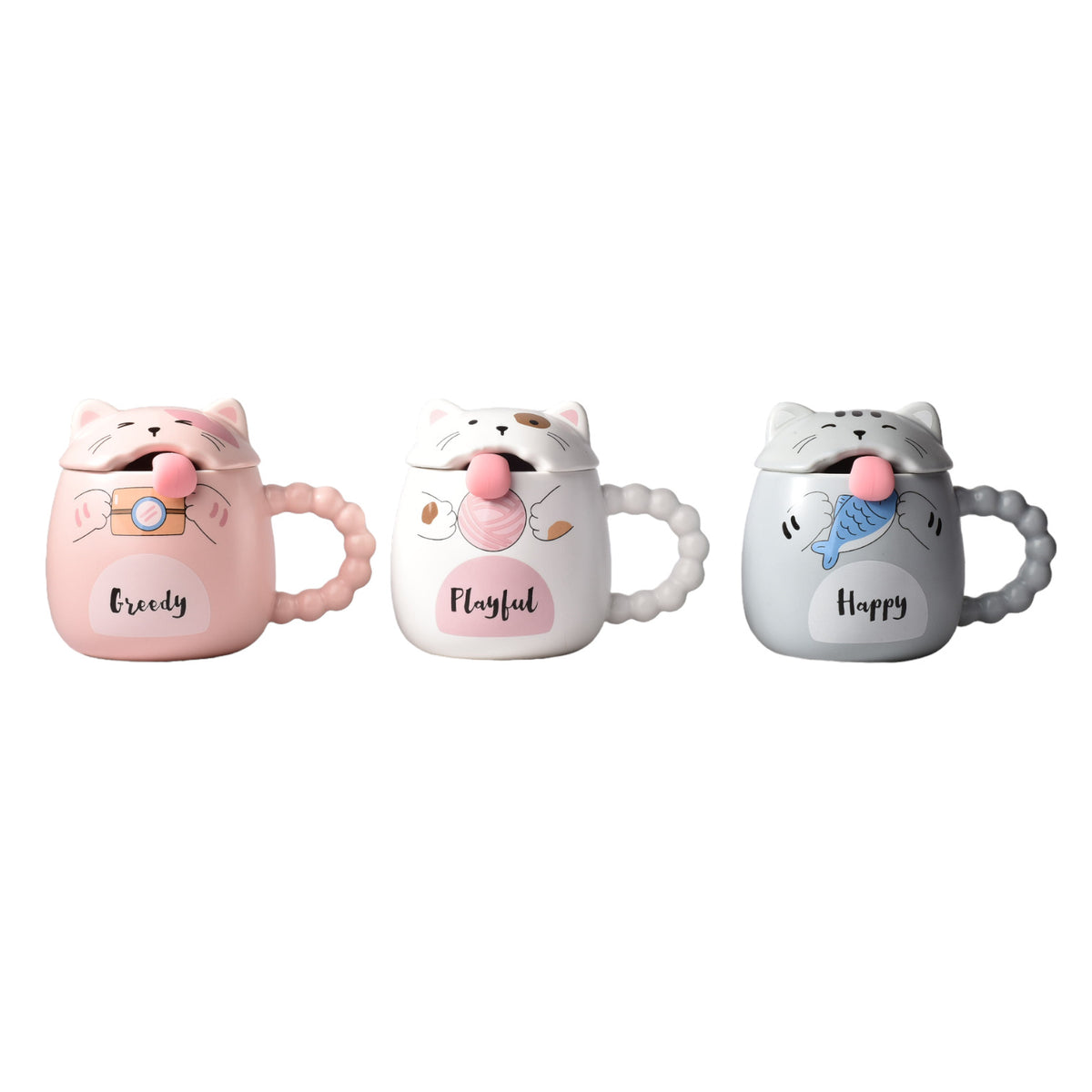 mug pocillo con tapa  cuchara ceramica diseños gatos 360ml