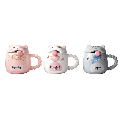 MUG POCILLO CON TAPA  CUCHARA CERAMICA DISEÑOS GATOS 360ML