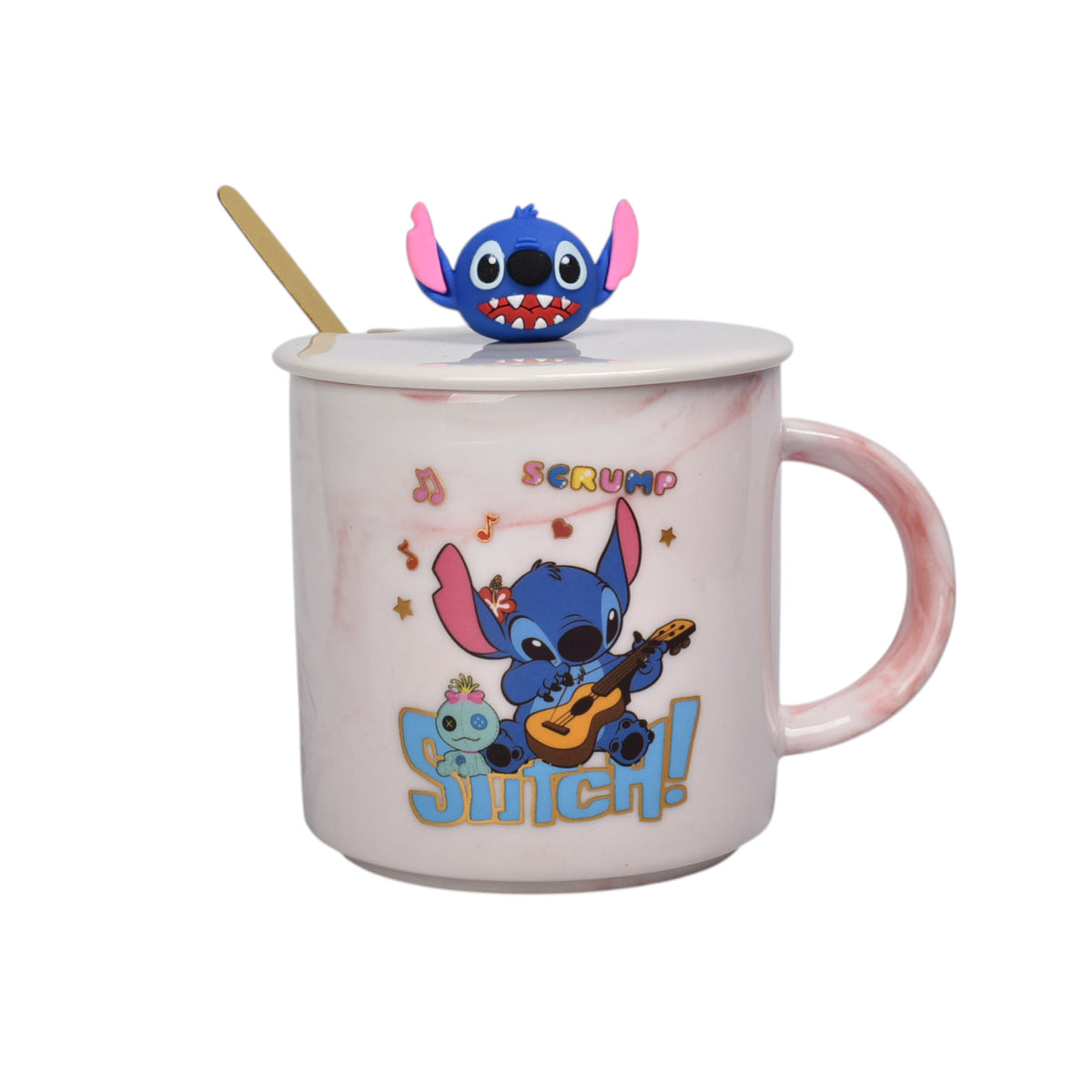 mug pocillo con tapa y  cuchara de ceramica personaje 400ml