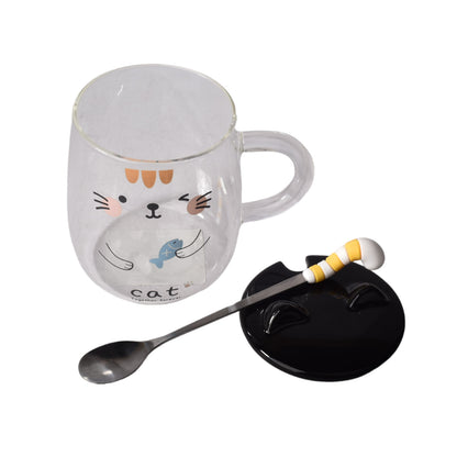 POCILLO VIDRIO CERAMICA CON TAPA Y CUCHARA DISEÑOS DE GATOS