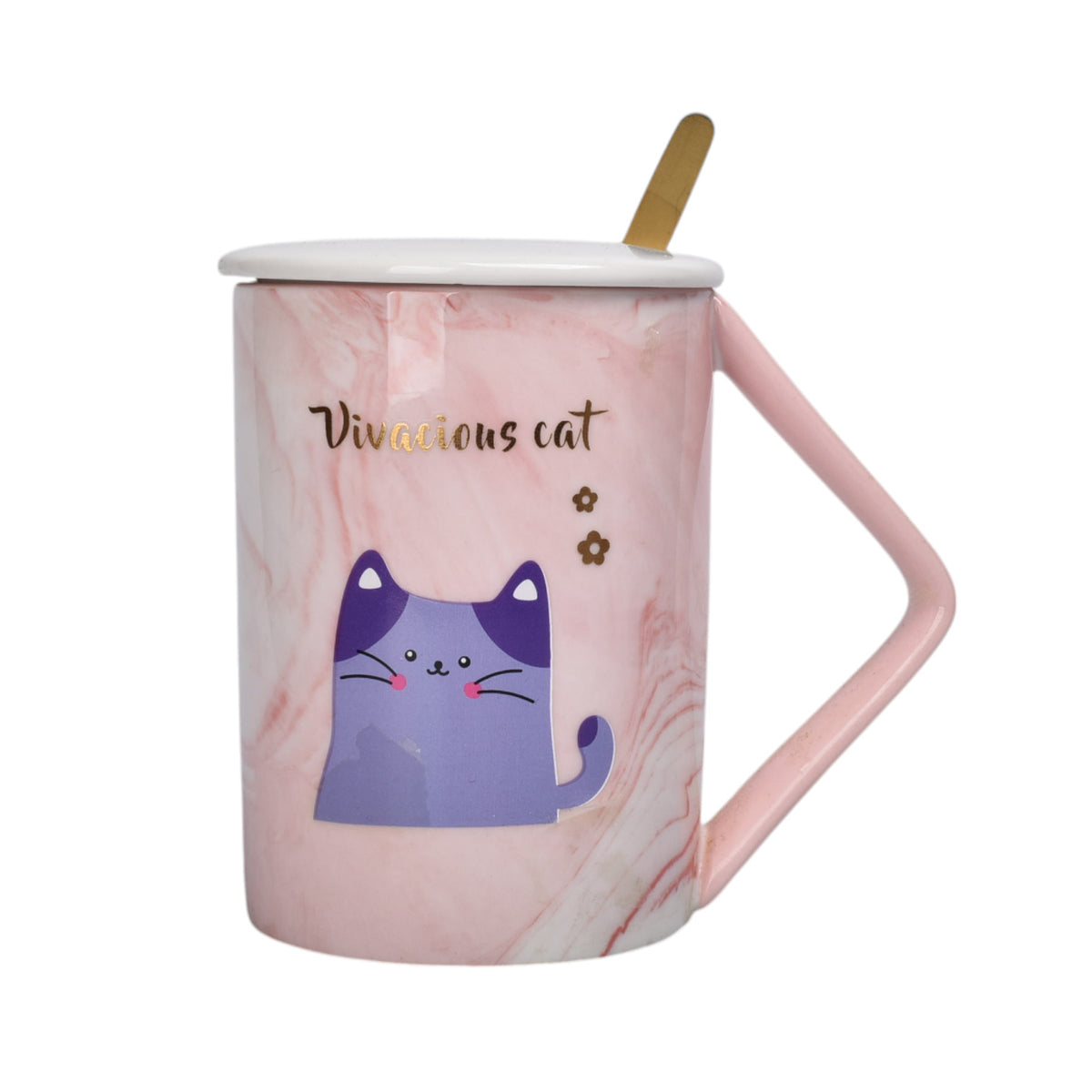 mug pocillo con tapa y  cuchara de ceramica diseño gatos 430ml dim:8x8x11