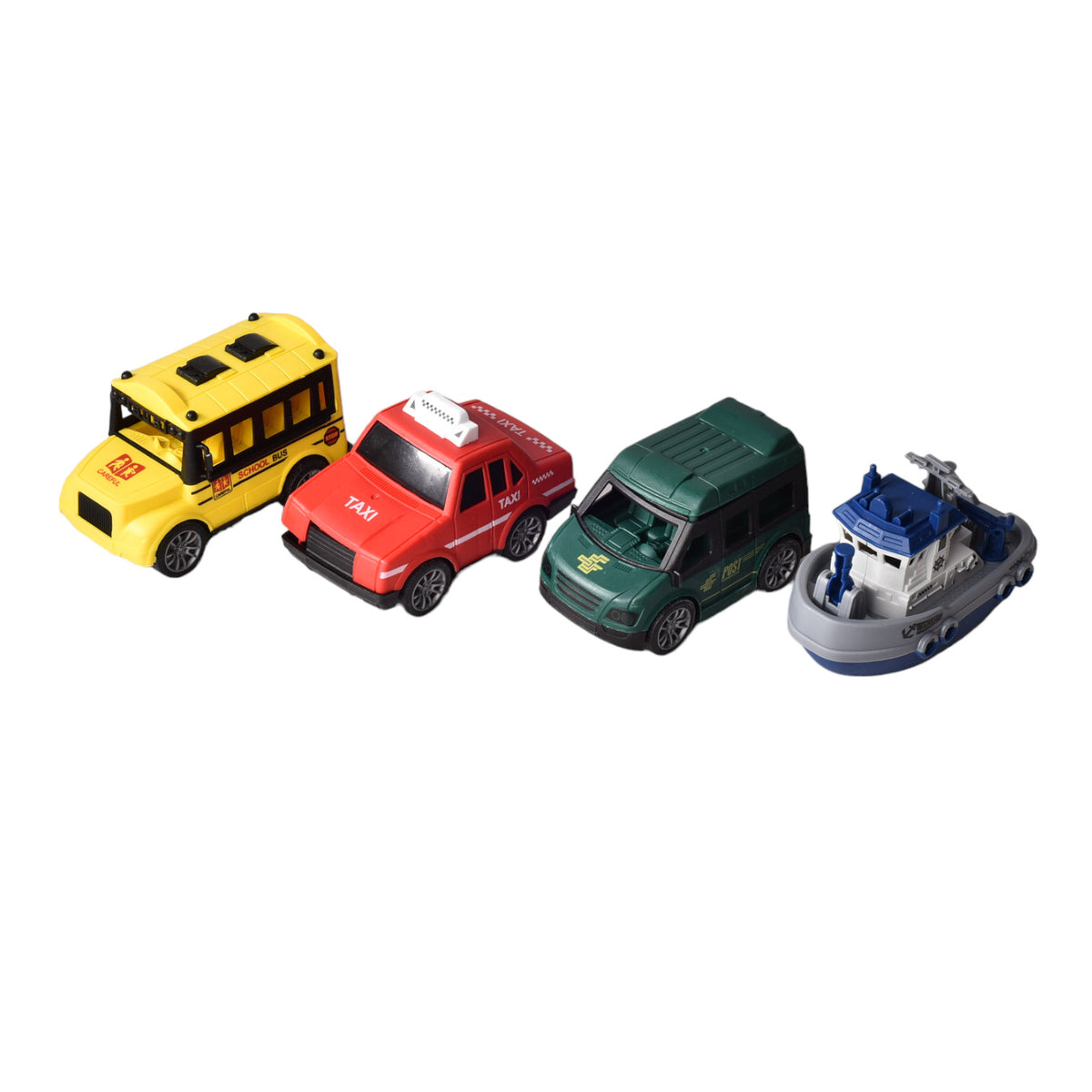 juguete set por 2 unidades bus escolar y barco plastico