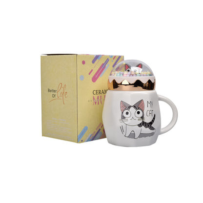 MUG POCILLO CON TAPA CERAMICA GATO 420ML DIM:8X13