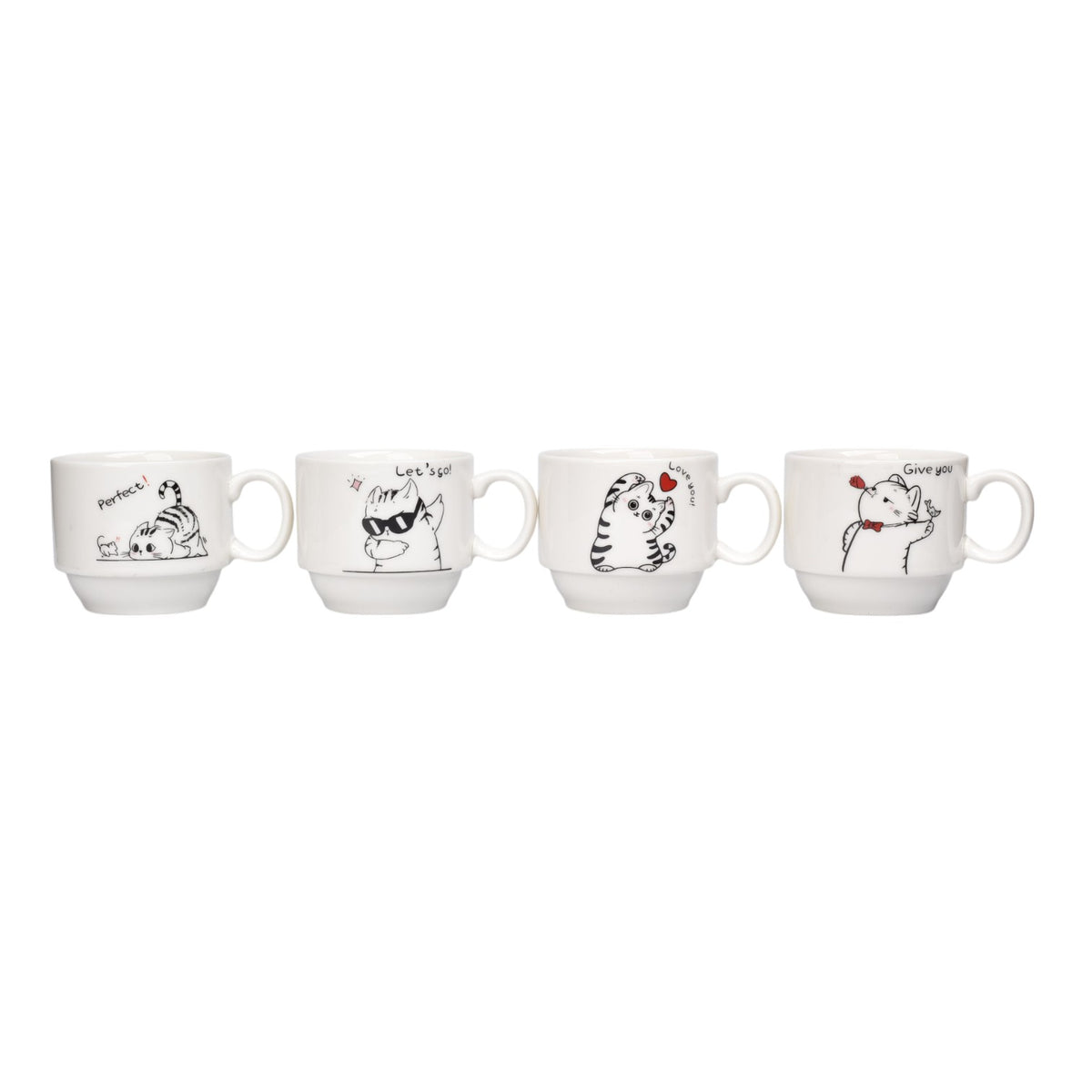 set 4pcs pocillos con base ceramica 150ml diseño gatos dim:7x6x7