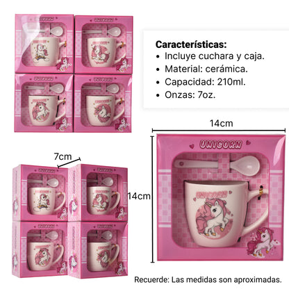 POCILLO CON CUCHARA EN CERAMICA DISEÑO UNICORNIO 210ML