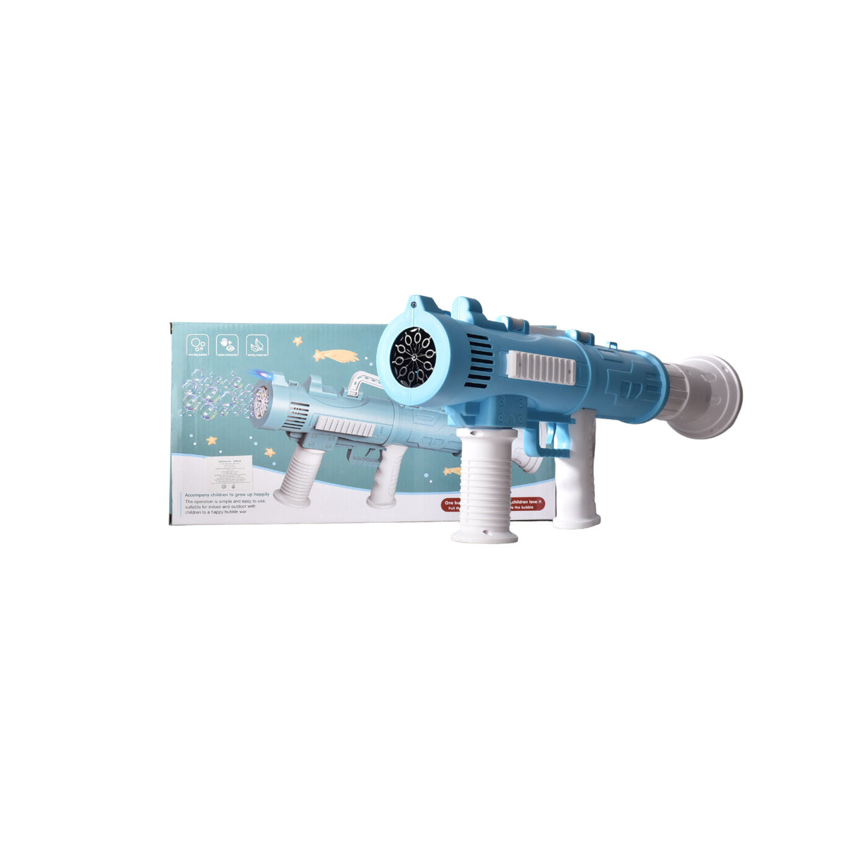 pistola de burbujas niño azul