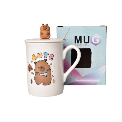 MUG POCILLO CON TAPA CUCHARA CERAMICA DISEÑOS CAPYBARA 360ML
