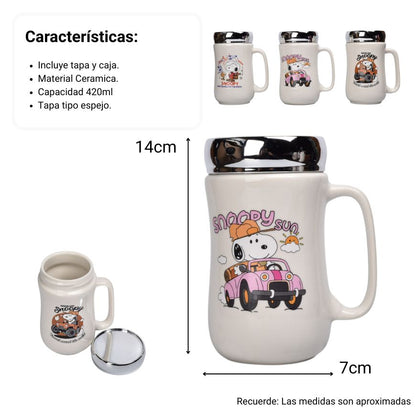 MUG POCILLO CERAMICA CON TAPA PERSONAJE 420ML DIM:8X8X14