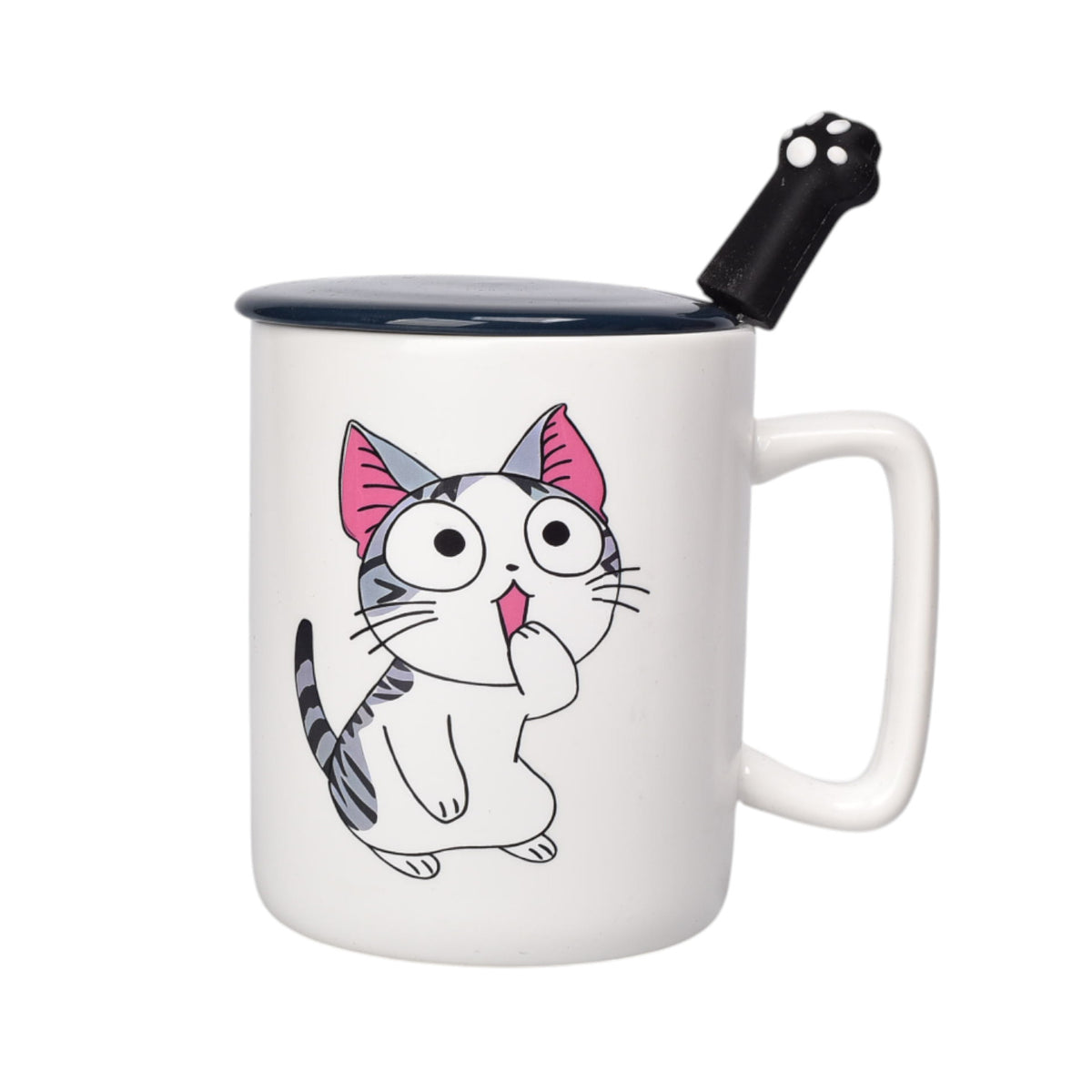 mug pocillo con tapa ceramica y cuchara 400ml dim:8x8x10