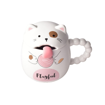 MUG POCILLO CON TAPA  CUCHARA CERAMICA DISEÑOS GATOS 360ML
