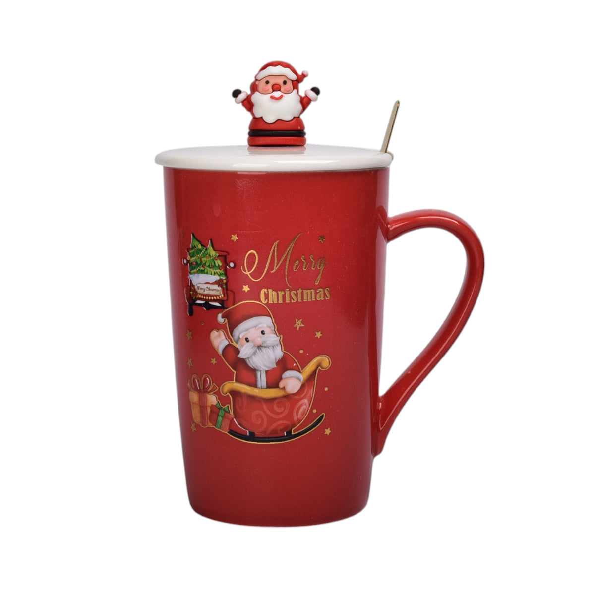 mug pocillo con tapa y  cuchara de ceramica navidad 420ml dim:8x8x12