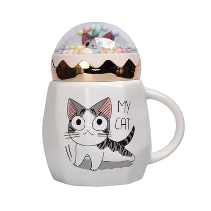 MUG POCILLO CON TAPA CERAMICA GATO 420ML DIM:8X13
