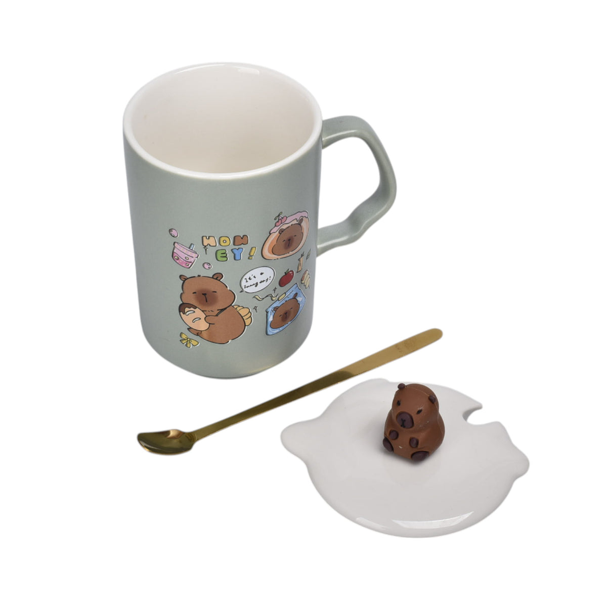 mug pocillo con tapa de ceramica 360ml capybara  dim:11x7x7